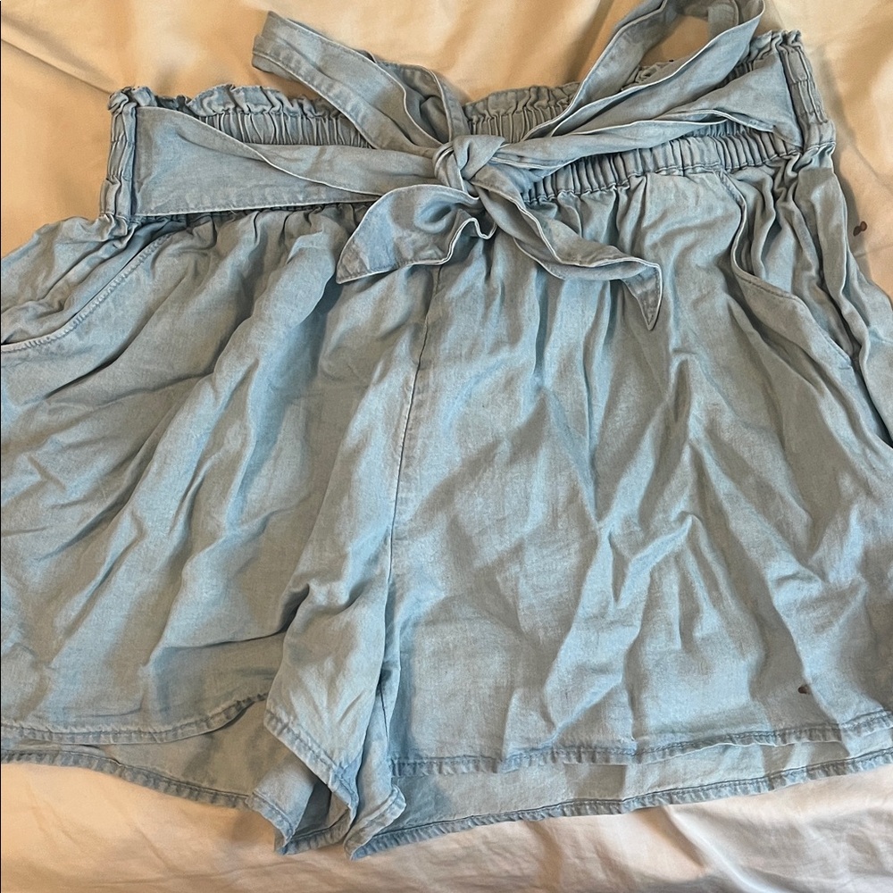 SO Light Blue Paperbag Tie-Front High Waist Shorts